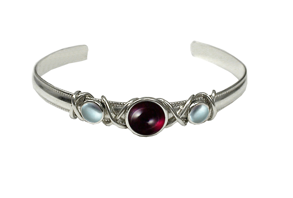 Sterling Silver Hand Made Cuff Bracelet With Garnet And Blue Topaz